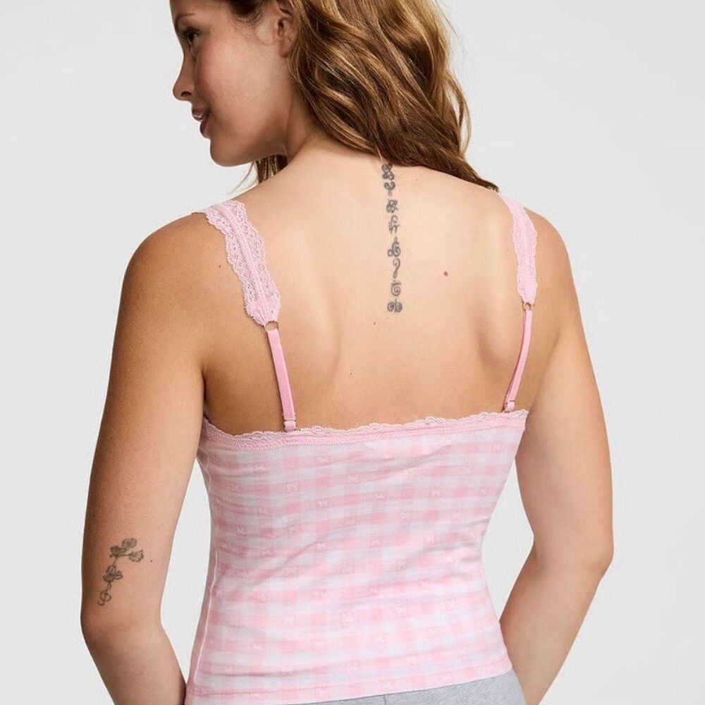 PINK x LoveShackFancy Cotton Cami Tank Top Icon Gingham Pink & White Plaid XL - Picture 9 of 12